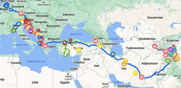 The route from the Netherlands to Pakistan - @advandortmontduurzaam 04/2025 Colorful route map showing Ad van Dortmont’s overland expedition from the Netherlands through Eastern Europe, the Balkans, Turkey, Iran, and into Pakistan. The map highlights the journey with a blue line tracing the main route across 24,000 kilometers, passing through countries including Hungary, Serbia, Bulgaria, Azerbaijan, and Turkmenistan. Various colored icons mark key project locations such as sustainable farms, renewable energy sites, and biodiversity areas along the way. The route ends near the Karakoram region of northern Pakistan, close to the glaciers and ice tower projects described in the expedition.