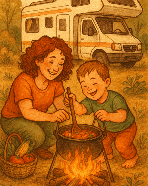 Illustration of Helen & her son Leo - @cookingcampfireschromosones 05/2025 Illustration of Helen and her son Leo, who has Down syndrome, cooking together over a campfire beside their motorhome. Helen, with curly red hair, smiles as Leo stirs a pot of stew with joy. A basket of fresh vegetables lies nearby. The warm scene reflects their motorhome life and shared adventures from “Cooking, Campfires and Chromosomes.”