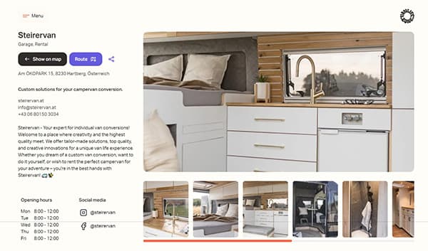 A standalone location page: vanlifezone.com/location/steirervan Screenshot of the Steirervan listing on vanlifezone.com, showcasing their campervan conversion services. Includes contact details, opening hours, and images of custom campervan interiors, such as a modern kitchenette with wooden finishes, a cozy sleeping area, and a compact bathroom. Located at Am Ökopark 15, 8230 Hartberg, Austria, Steirervan offers tailored van solutions and rentals for van life enthusiasts. Social media links to Instagram and Facebook are also displayed.