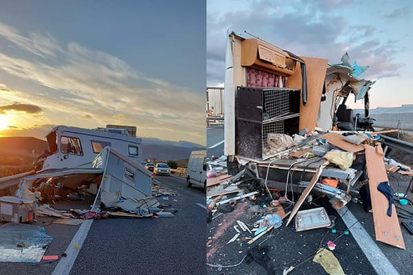 How my dogs and I all survived remains a miracle - @lizwolting 12/2024 Shocking aftermath of a motorhome accident showing Liz Wolting's destroyed camper van on a highway during sunset. The left side of the image depicts the severely damaged exterior of the motorhome, while the right side reveals its chaotic interior debris, including broken furniture, personal items, and dog crates. This image highlights the challenges of vanlife and Liz Wolting’s resilience in continuing her mission as an animal behaviorist despite setbacks.