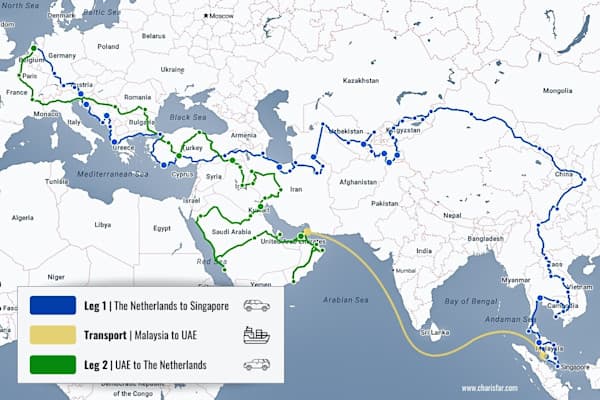 The itinerary - @char.is.far 01/2025 Map showing the detailed itinerary of @char.is.far's overlanding journey. Leg 1 (blue) traces the route from the Netherlands to Singapore through Europe, Türkiye, Iran, Central Asia, and China. Transport (yellow) marks the shipping route from Malaysia to the UAE. Leg 2 (green) covers the drive from the UAE back to the Netherlands through the Middle East and Europe. The map highlights key regions like the Silk Road, the Pamir Highway, and Southeast Asia, showcasing the extensive overland adventure spanning continents.